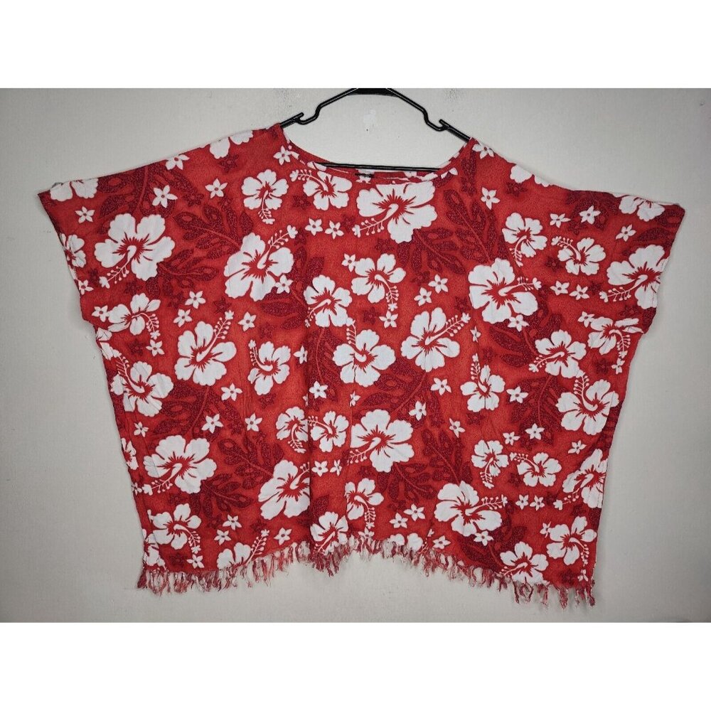 Koko Knot Pullover Swimsuit Cover Up One Size Red Hawaiian Fringe Hem Floral - Picture 2 of 7